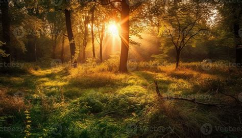 Golden sunlight illuminates vibrant autumn forest, a tranquil natural ...