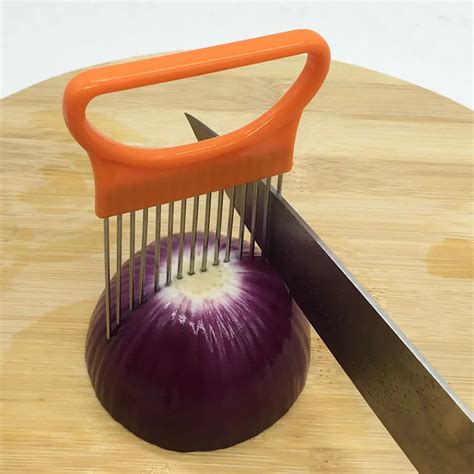 Hot 1Pcs Stainless Steel Onion Slicer Vegetable Tomato Holder Cutting Aid Guide Holder Slicing ...