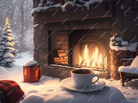 Premium AI Image | a cozy winter scene with a roaring fireplace and a ...