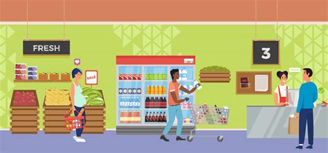 Interior supermarket store with people character cashier and buyer. Vector flat illustration ...