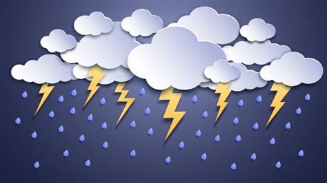 clouds and lightning with paper cutouts on them in the dark blue sky, which are raining