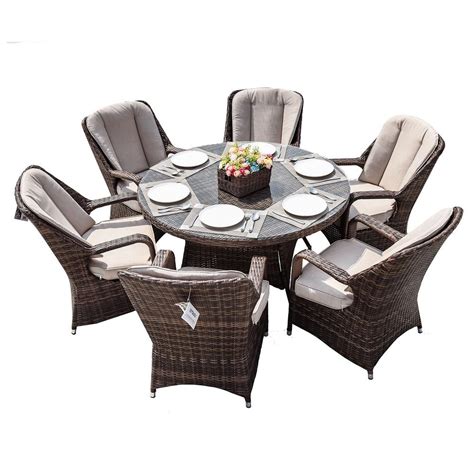 DIRECT WICKER Cordella Brown 7-Piece Wicker Round Outdoor Dining Set with Beige Cushions PAD ...