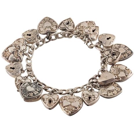 Antique Sterling Silver Heart Charm Bracelet For Sale at 1stdibs