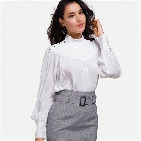 Elegant Women White Blouse 100% Cotton Stand Collar Lantern Sleeves Loose Shirts Ladies Office ...