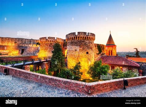 Illuminated Kalemegdan Fortress at Dusk, Belgrade, Serbia Stock Photo ...