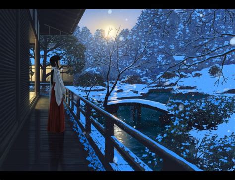 anime, Girl, Kimono, Winter, Snow, Light, Night