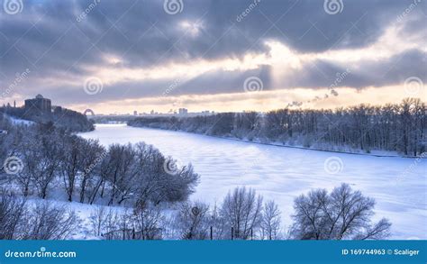 Winter Landscape, Moscow, Russia. Scenery of Frozen Moskva River Covered Ice and Snow. Panoramic ...