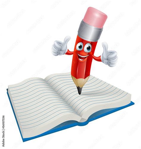 Cartoon Pencil Man Writing in Book Stock Vector | Adobe Stock