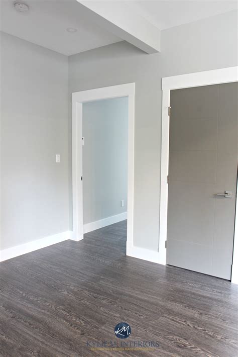 Benjamin Moore Stonington Gray hallway with white trim and Chelsea Gray painted door. Kylie M ...