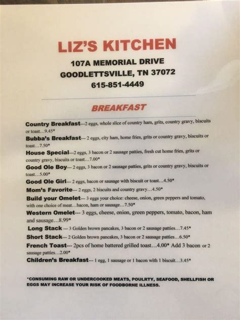 Menu at Liz's Kitchen restaurant, Goodlettsville