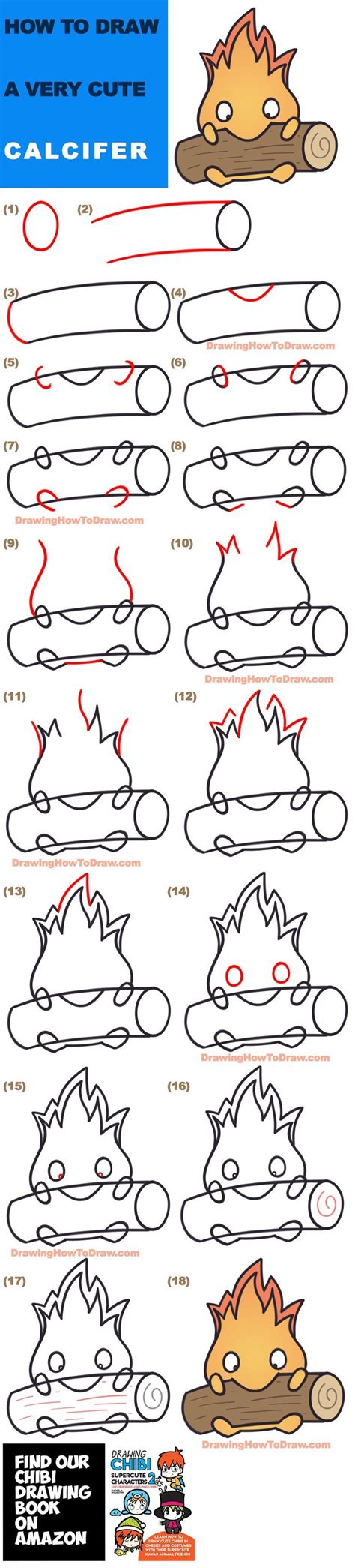 How to Draw Calcifer Eating a Log (Cute Kawaii) from Howl’s Moving ...