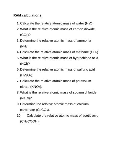 Relative atomic Mass Calculations worksheet | Teaching Resources