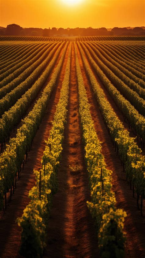 Rows of grapevines in a vineyard, illuminated by a soft, muted sunset