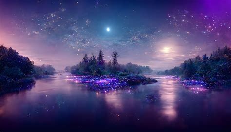 Premium Photo | Magical night river landscape with bioluminescent blue ...