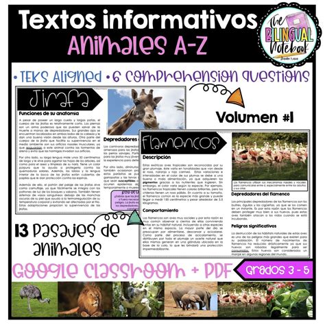 Comprension de lectura Animales A-Z - Vol 1- Spanish Reading Test Prep | Informational reading ...