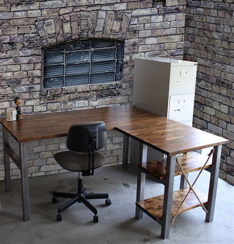 L-Shaped Desk with Shelves / Solid Wood Butcher Top / Rustic / | Etsy | L shaped desk, Desk with ...