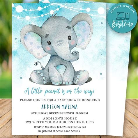 Printable Little Peanut Elephant Baby Shower Invitation DIY ...