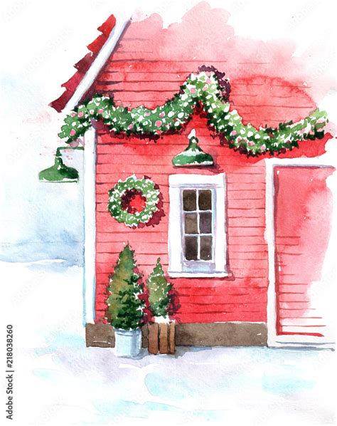 Original watercolor painting. Christmas card. Snow-covered mountains. Red house with Christmas ...