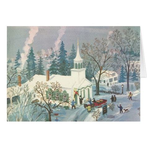 Vintage Christmas Church in Snow with People Card | Zazzle