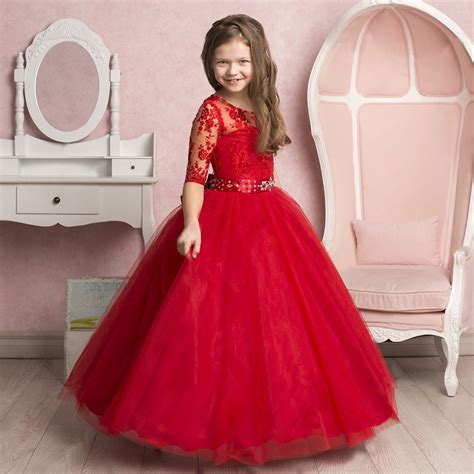 Stunning red Lace Embroidery Sheer Half Sleeves Flower Girl Dress Beaded Jewel Sash Tulle Kids ...