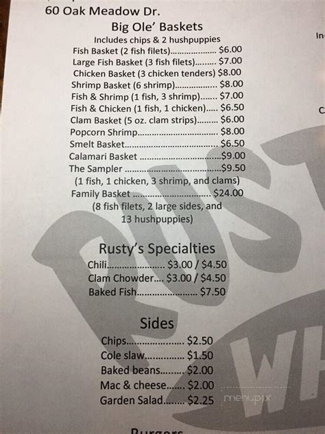 Online Menu of Rusty's Wharf, Pataskala, OH