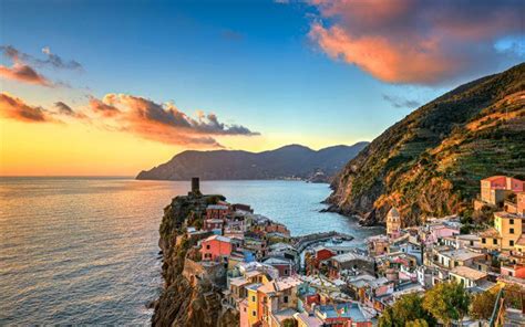 Download wallpapers Ligurian Sea, sunset, Vernazza, coast, Cinque Terre ...