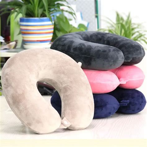 Portable U Shaped Pillow Velvet with Button Slow Rebound U Pillow Comfortable Neck Memory Break ...