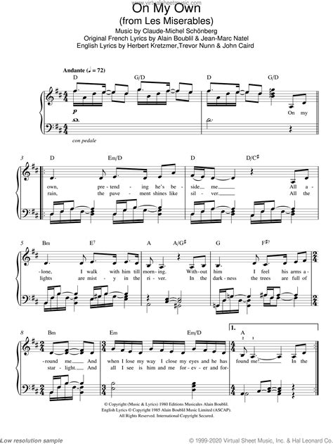 Schonberg - On My Own (from Les Miserables) sheet music for piano solo