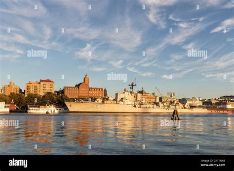 Evening light on HMS Smaland, Halland Class destroyer in Maritiman ...