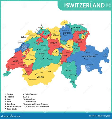 The Detailed Map of the Switzerland with Regions or States and Cities ...