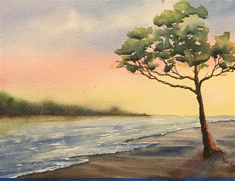 Tree on Beach at Sunset (Original Watercolor Painting)