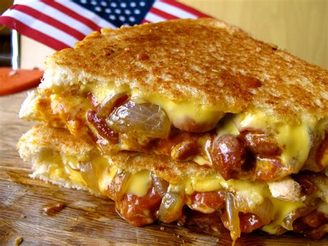 The Sloppy P - Chili Cheese Dog Grilled Cheese with Caramelized Onions on Wonder Bread - Grilled ...