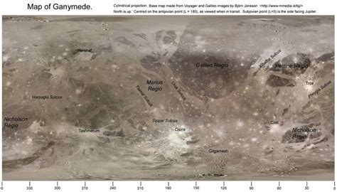 Map of named features on Jupiter’s largest moon, Ganymede. | Map, Space ...