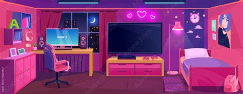 Teen girl gamer room interior design in pink. Console with a big screen tv and furniture. Neon ...