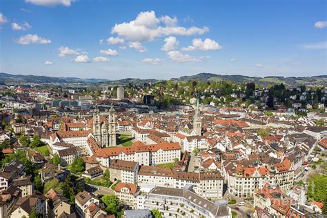 Aerial view of St Gallen old town with its famous abbey and cath ...