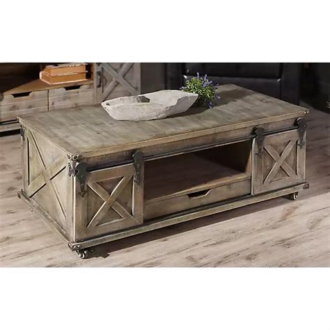 Rustic Gray Wood Rolling Barn Door Coffee Table | Kirklands Home