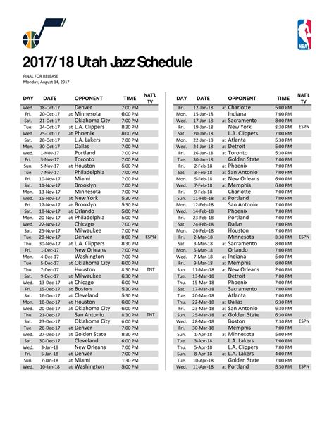 Utah Jazz Schedule Printable