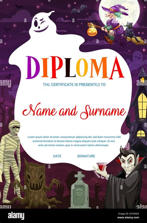 Kids diploma. Cartoon Halloween characters of mummy, Dracula vampire ...