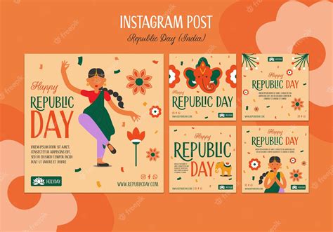 Free PSD | Hand drawn republic day instagram post set