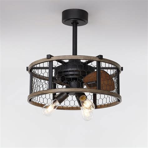 Luxury Farmhouse Rustic Reversible Ceiling Fan with Lights 3-Blade Wire Drum Semi Flush Mount ...