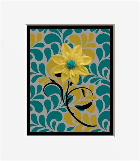 Teal & Yellow Wall Art/Decorative Modern Floral Bedroom/Bathroom Home Decor Matted Picture ...