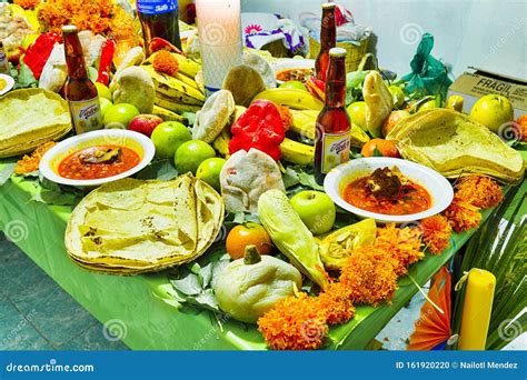 Traditional Day of the Dead, Altar with Dead Bread, Flowers, Food and ...