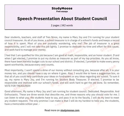 Speech Presentation About Student Council Free Essay Example