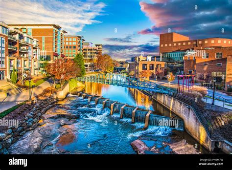 Reedy River and Skyline in Downtown Greenville South Carolina SC Stock ...