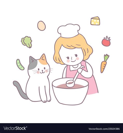 Cartoon cute girl and cat cooking Royalty Free Vector Image