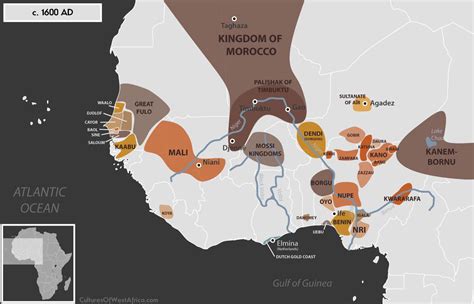 Historical map of West Africa, c. 1600 AD, showing the Moroccan ...