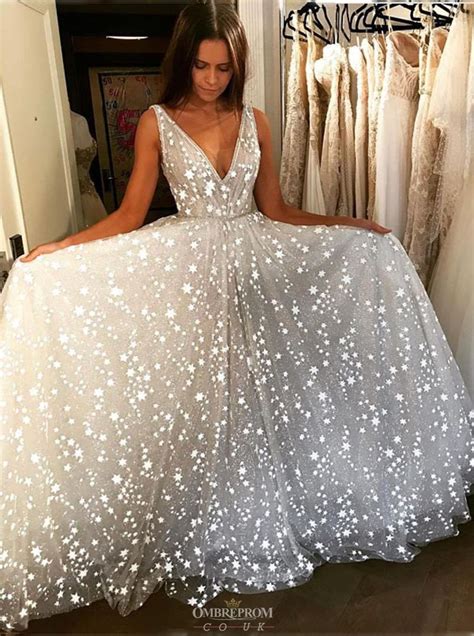 Stunning V-neck Tulle Starry Night Long Prom Wedding Dress OP638 | Sparkly prom dresses, White ...