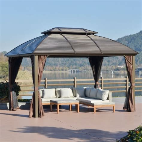 10x12 Hardtop Gazebo with Aluminum Frame Metal Roof Canopy w/ Netting ...