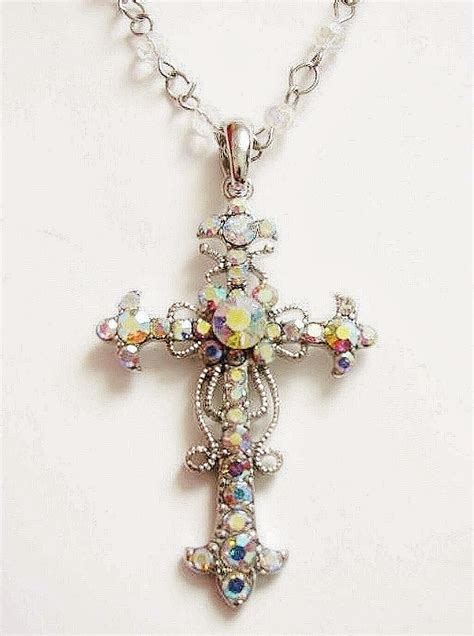 Aurora Borealis Crystal Vintage Cross Pendant Necklace Filigree Style ...