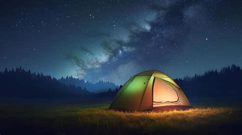 Camping tent in the forest at night with starry sky and milky way ...